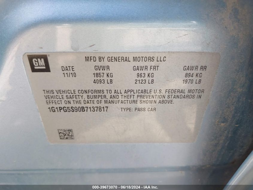 2011 Chevrolet Cruze 2Lt VIN: 1G1PG5S90B7137817 Lot: 39673070