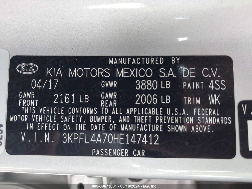 2017 Kia Forte Lx VIN: 3KPFL4A70HE147412 Lot: 39673081