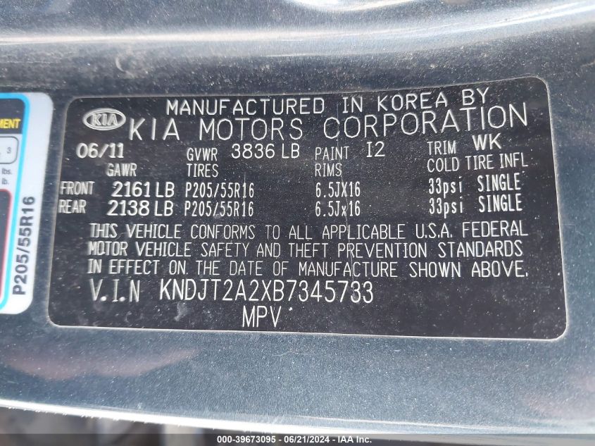 2011 Kia Soul + VIN: KNDJT2A2XB7345733 Lot: 39673095