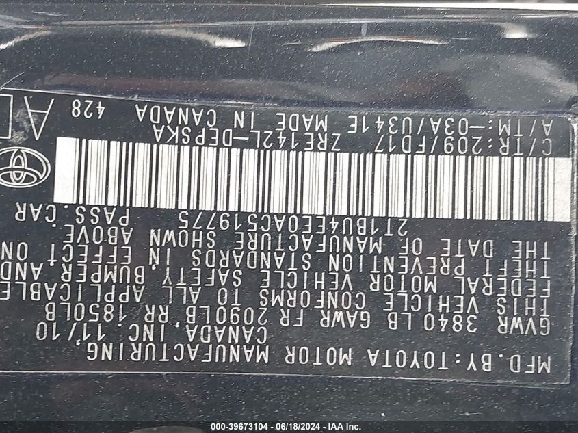 2010 Toyota Corolla S VIN: 2T1BU4EE0AC519775 Lot: 39673104