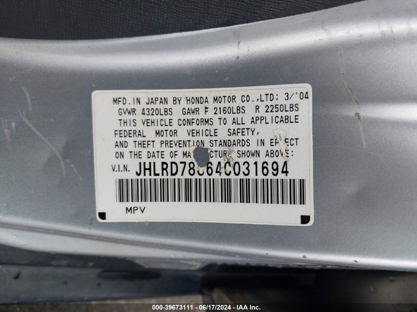 2004 Honda Cr-V Ex VIN: JHLRD78864C031694 Lot: 39673111