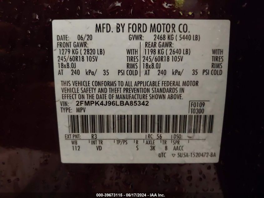 2020 Ford Edge Sel VIN: 2FMPK4J96LBA85342 Lot: 39673115