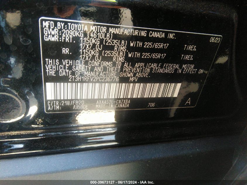 2023 Toyota Rav4 Le VIN: 2T3H1RFV2PC236776 Lot: 39673127