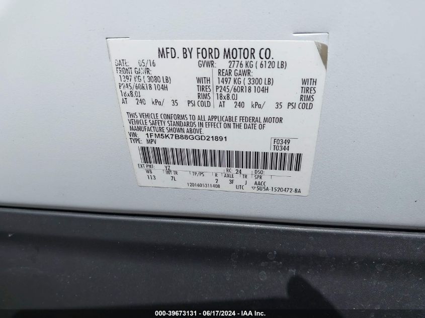 2016 Ford Explorer VIN: 1FM5K7B88GGD21891 Lot: 39673131