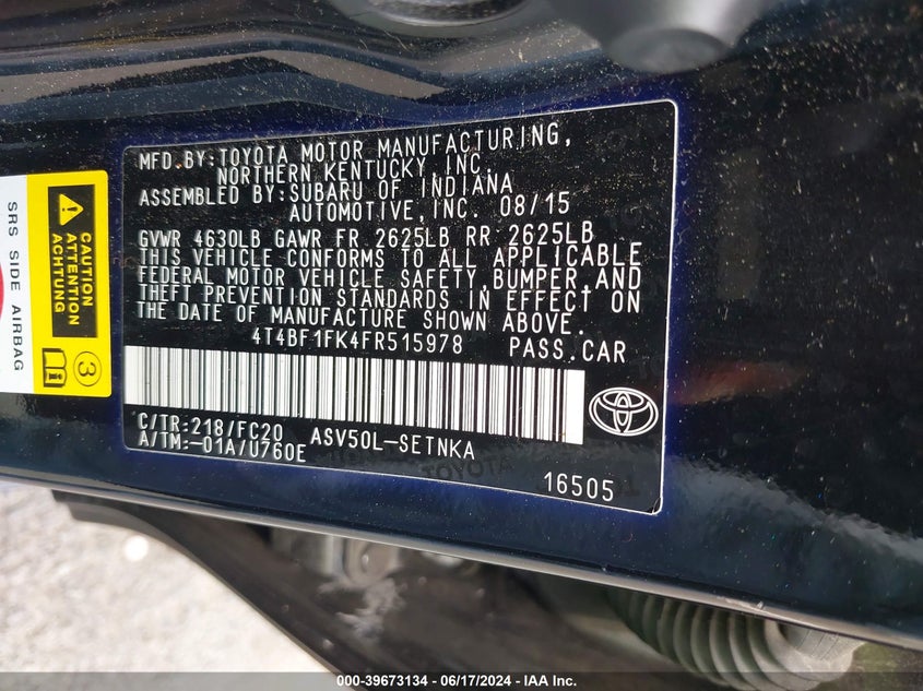 2015 Toyota Camry Le VIN: 4T4BF1FK4FR515978 Lot: 39673134