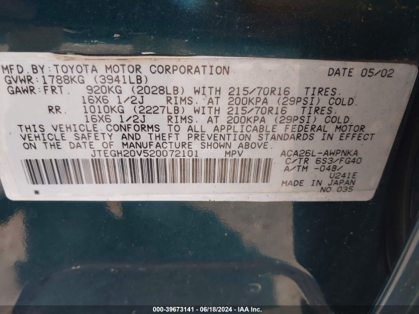 2002 Toyota Rav4 VIN: JTEGH20V520072101 Lot: 39673141