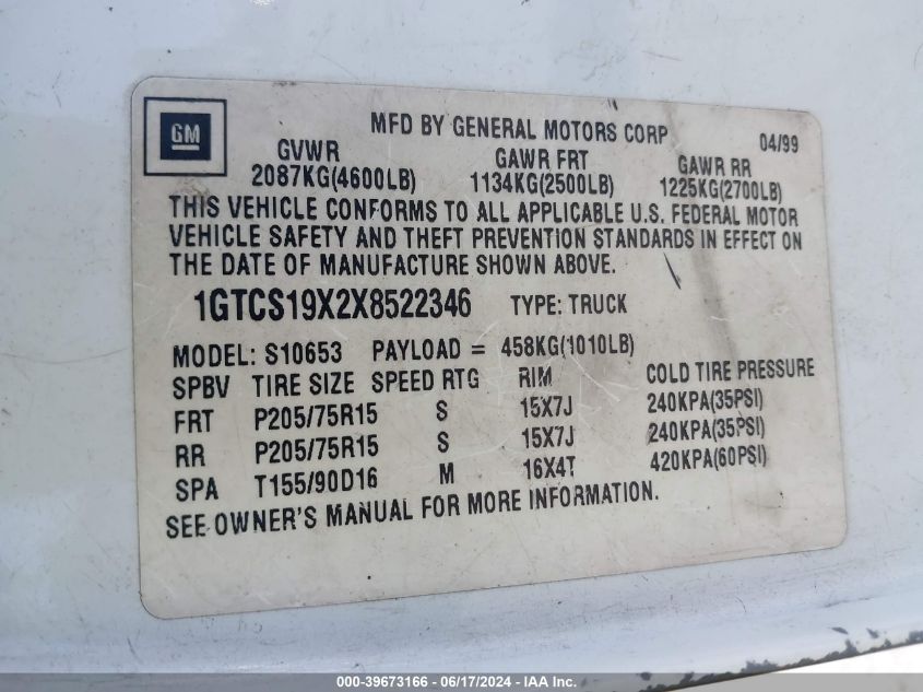 1999 GMC Sonoma VIN: 1GTCS19X2X8522346 Lot: 39673166
