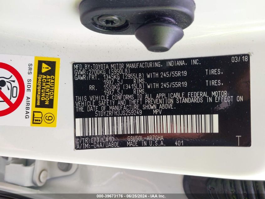 2018 Toyota Highlander Limited/Ltd Platinum VIN: 5TDYZRFH3JS259249 Lot: 39673176