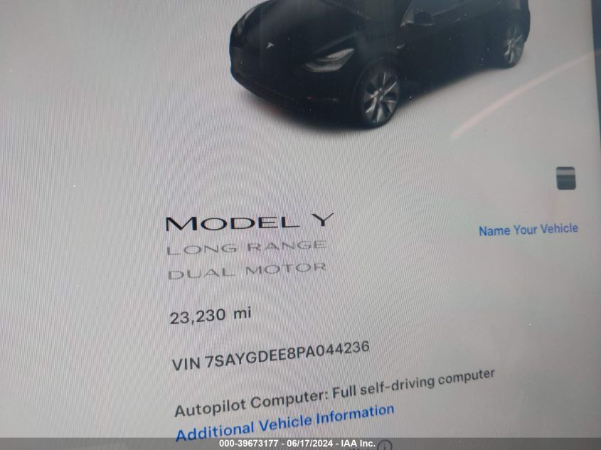 2023 Tesla Model Y Awd/Long Range Dual Motor All-Wheel Drive VIN: 7SAYGDEE8PA044236 Lot: 39673177