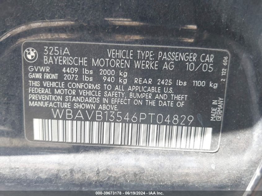 2006 BMW 325I VIN: WBAVB13546PT04829 Lot: 39673178
