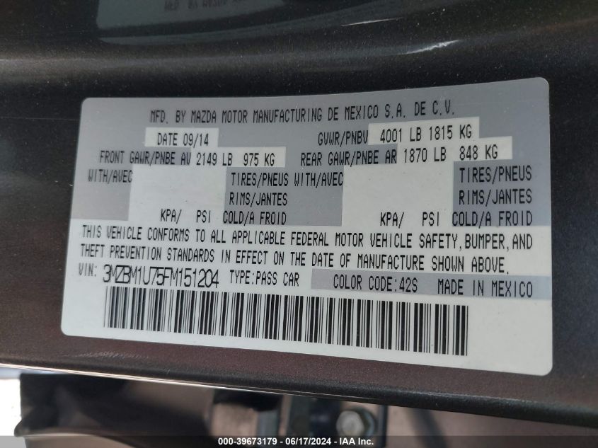 2015 Mazda Mazda3 I Sport VIN: 3MZBM1U75FM151204 Lot: 39673179