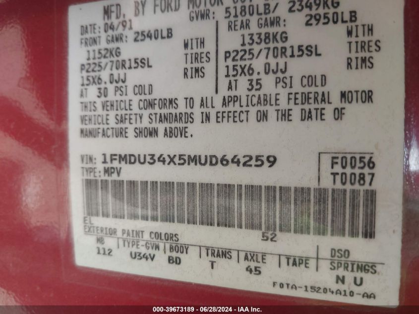 1991 Ford Explorer VIN: 1FMDU34X5MUD64259 Lot: 39673189