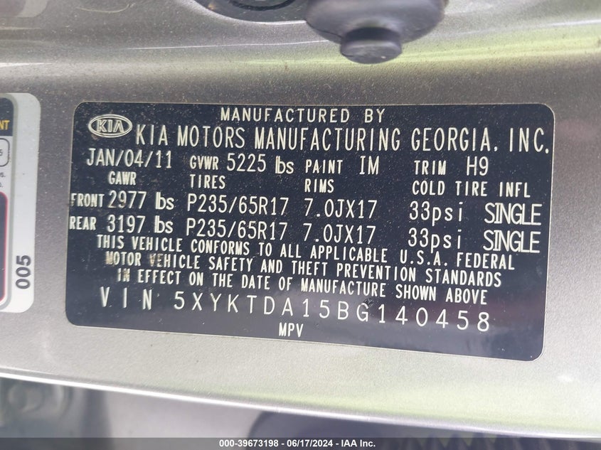 2011 Kia Sorento Lx VIN: 5XYKTDA15BG140458 Lot: 39673198