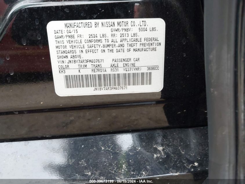 2015 Infiniti Q50 Sport VIN: JN1BV7AR3FM407671 Lot: 39673199