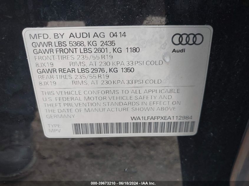 2014 Audi Q5 2.0T Premium VIN: WA1LFAFPXEA112984 Lot: 39673210