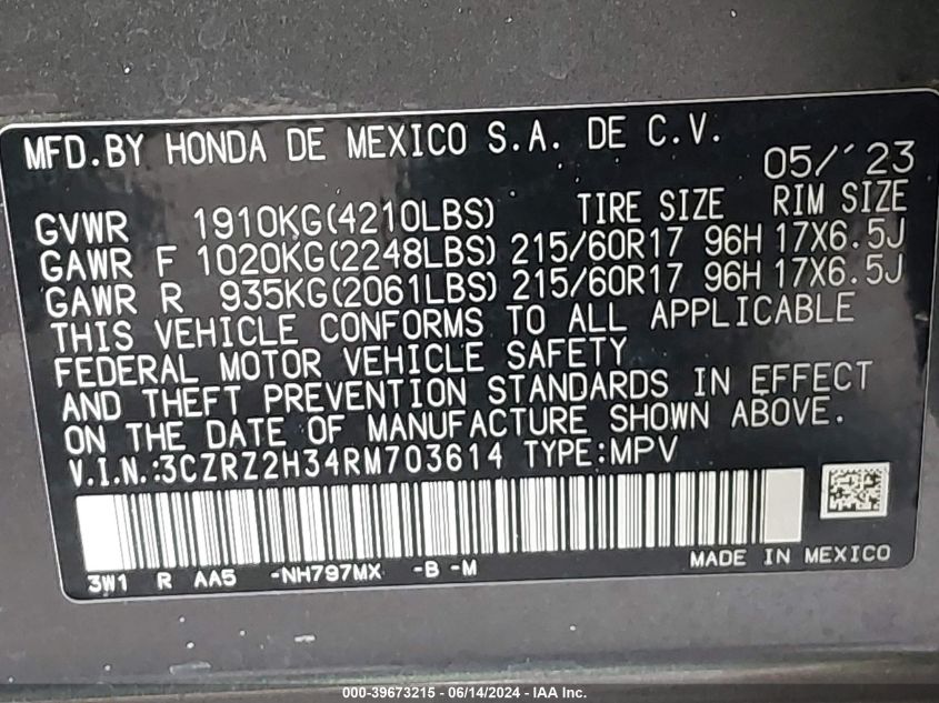 2024 Honda Hr-V Awd Lx VIN: 3CZRZ2H34RM703614 Lot: 39673215