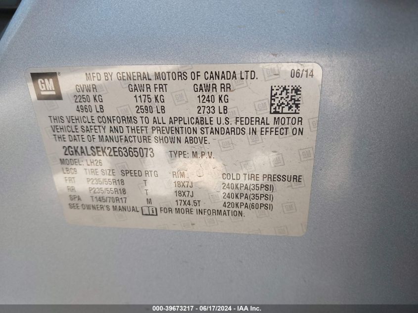 2014 GMC Terrain Slt-1 VIN: 2GKALSEK2E6365073 Lot: 39673217