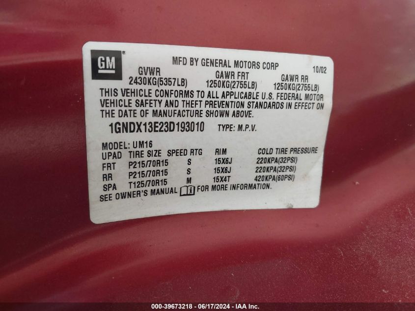 2003 Chevrolet Venture Warner Bros. Edition VIN: 1GNDX13E23D193010 Lot: 39673218