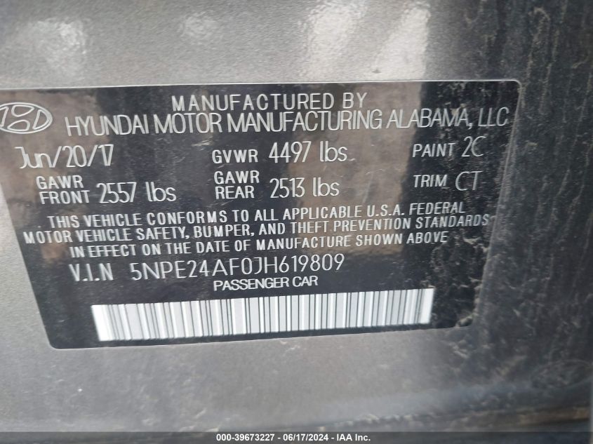 5NPE24AF0JH619809 2018 Hyundai Sonata Se