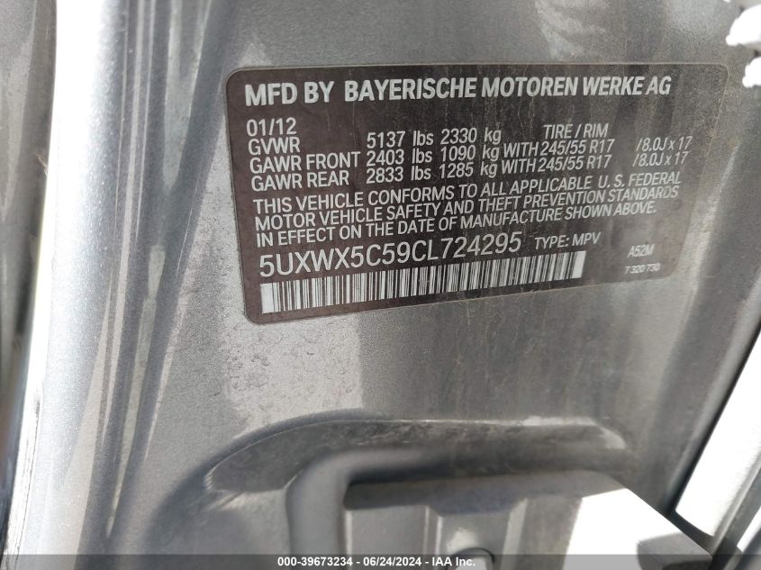 2012 BMW X3 xDrive28I VIN: 5UXWX5C59CL724295 Lot: 39673234