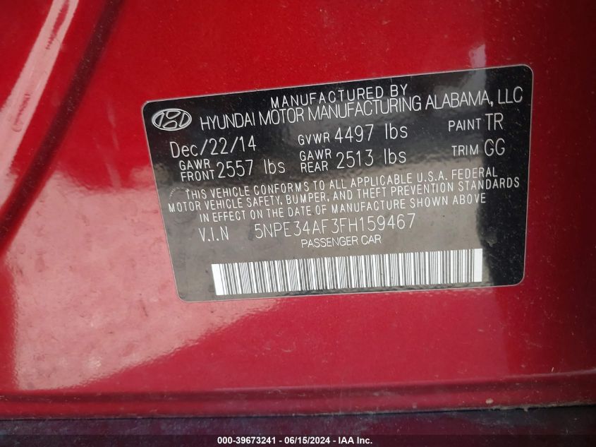 2015 Hyundai Sonata Sport VIN: 5NPE34AF3FH159467 Lot: 39673241