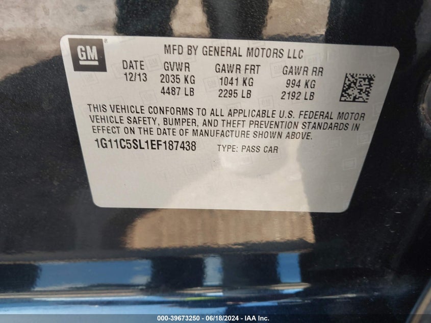 2014 Chevrolet Malibu 1Lt VIN: 1G11C5SL1EF187438 Lot: 39673250