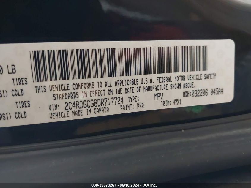 2013 Dodge Grand Caravan Sxt VIN: 2C4RDGCG8DR717724 Lot: 39673267