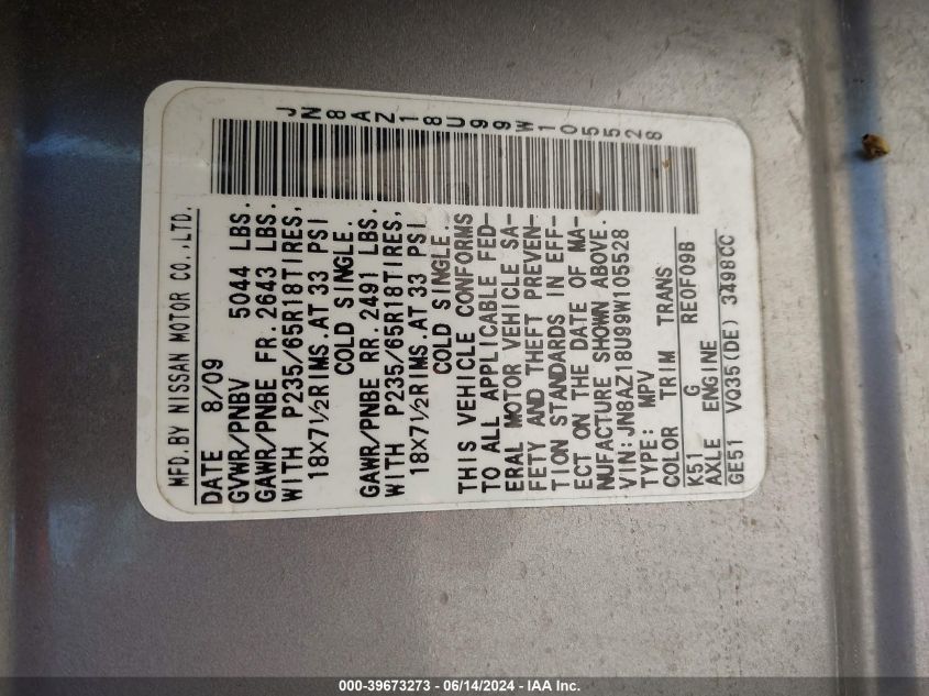 2009 Nissan Murano S VIN: JN8AZ18U99W105528 Lot: 39673273