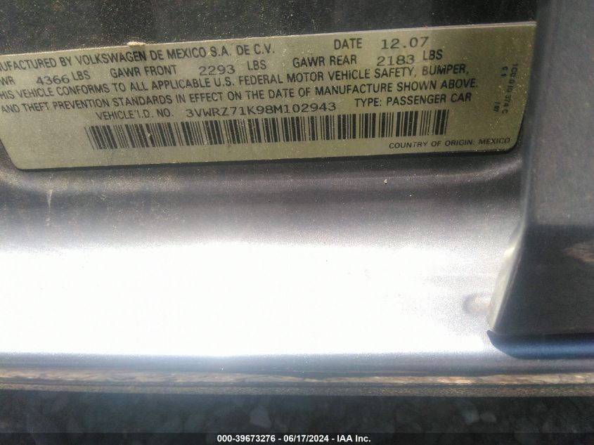 2008 Volkswagen Jetta Se/Sel VIN: 3VWRZ71K98M102943 Lot: 39673276