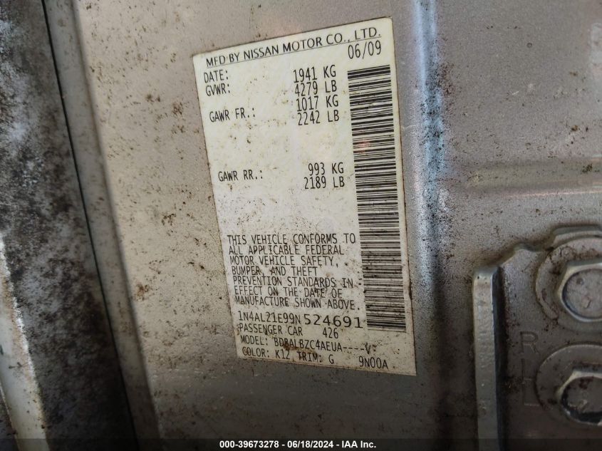 2009 Nissan Altima 2.5 S VIN: 1N4AL21E99N524691 Lot: 39673278