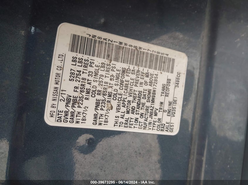 2011 Nissan Murano S VIN: JN8AZ1MW9BW172854 Lot: 39673295