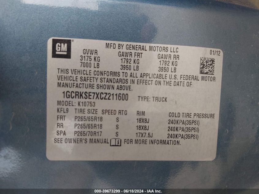 2012 Chevrolet Silverado 1500 Lt VIN: 1GCRKSE7XCZ211600 Lot: 39673299