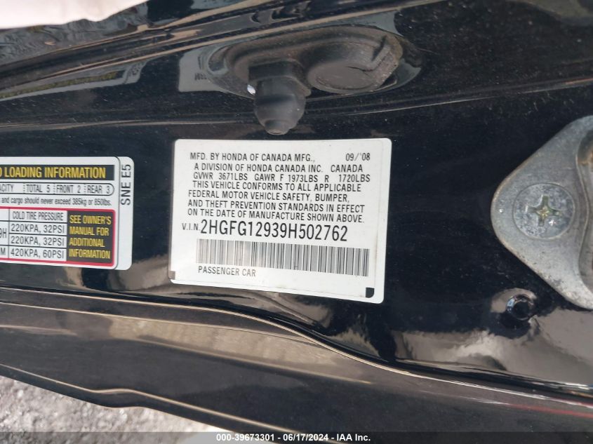 2009 Honda Civic Ex-L VIN: 2HGFG12939H502762 Lot: 39673301