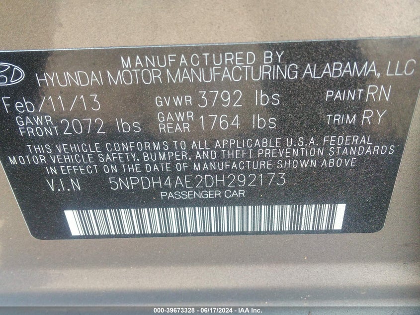 2013 Hyundai Elantra Limited VIN: 5NPDH4AE2DH292173 Lot: 39673328