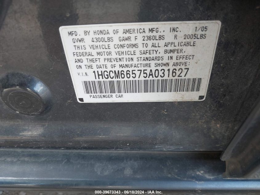 2005 Honda Accord 3.0 Ex VIN: 1HGCM66575A031627 Lot: 39673343