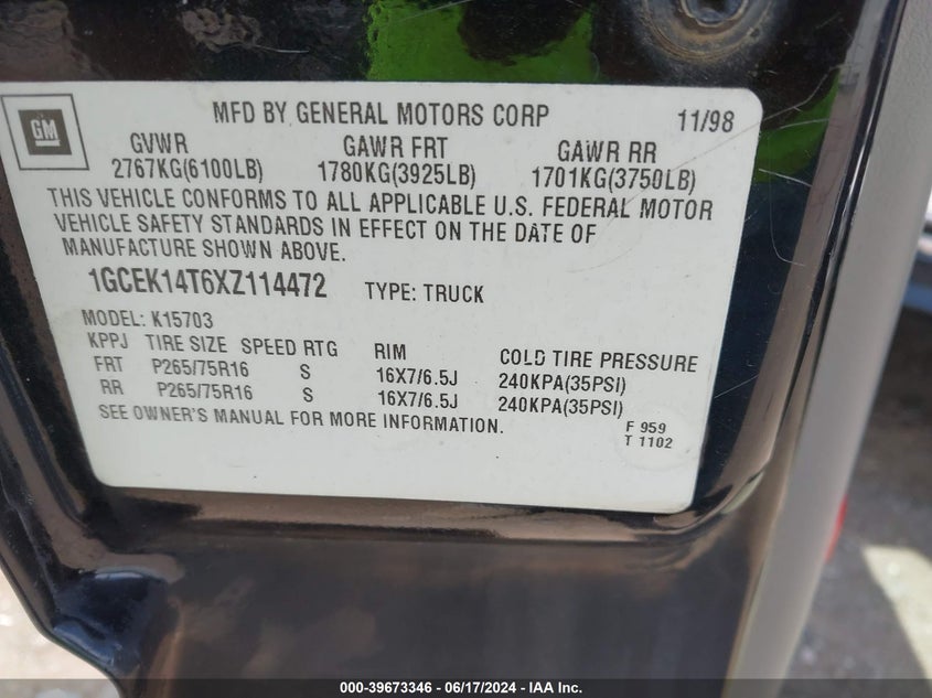1999 Chevrolet Silverado 1500 Ls VIN: 1GCEK14T6XZ114472 Lot: 39673346