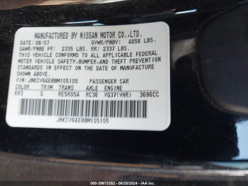 2008 Infiniti G37 Journey/Sport VIN: JNKCV64E88M105105 Lot: 39673352