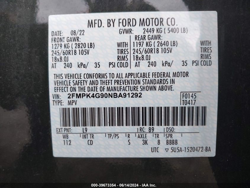 2022 Ford Edge Se VIN: 2FMPK4G90NBA91292 Lot: 39673354