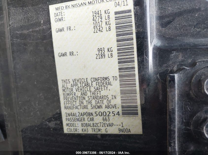 2011 Nissan Altima 2.5 S VIN: 1N4AL2AP0BN500254 Lot: 39673356