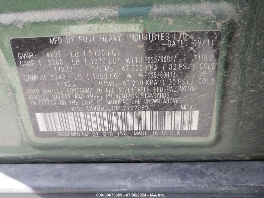 2012 Subaru Outback 3.6R Limited VIN: 4S4BRDLC8C2202360 Lot: 39673359