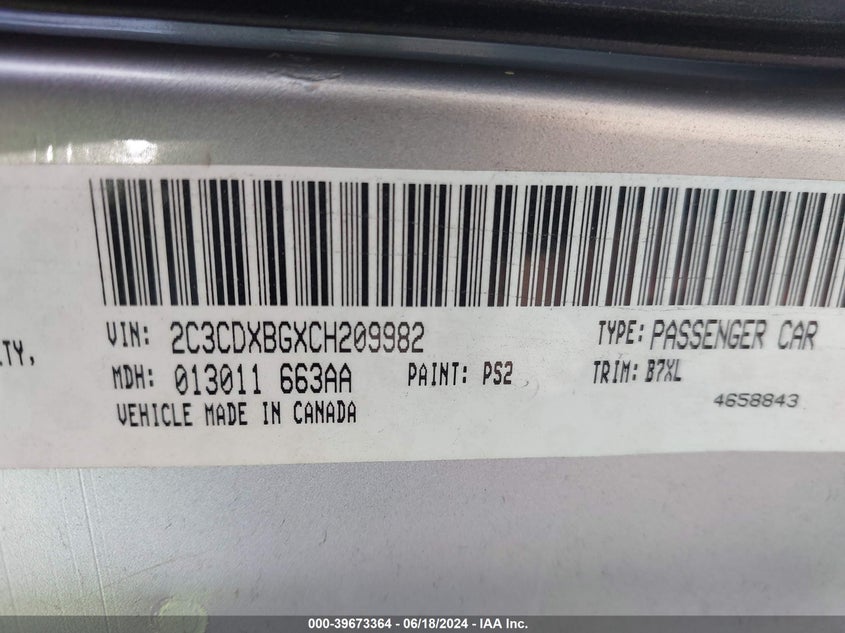 2012 Dodge Charger Se VIN: 2C3CDXBGXCH209982 Lot: 39673364