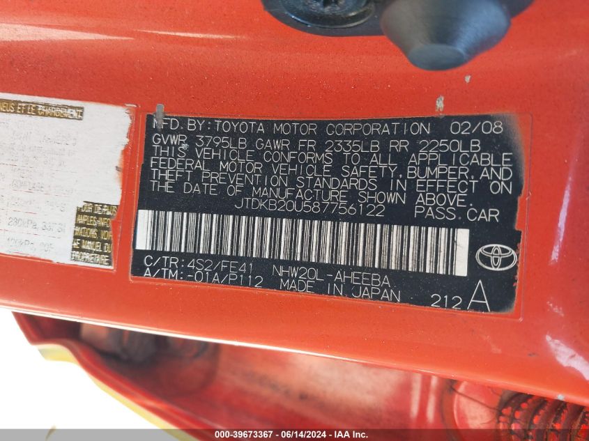 2008 Toyota Prius VIN: JTDKB20U587756122 Lot: 39673367