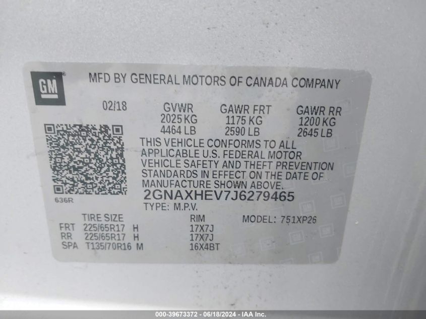 2018 Chevrolet Equinox Ls VIN: 2GNAXHEV7J6279465 Lot: 39673372