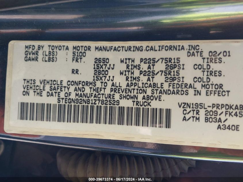 2001 Toyota Tacoma Prerunner V6 VIN: 5TEGN92N81Z782529 Lot: 39673374