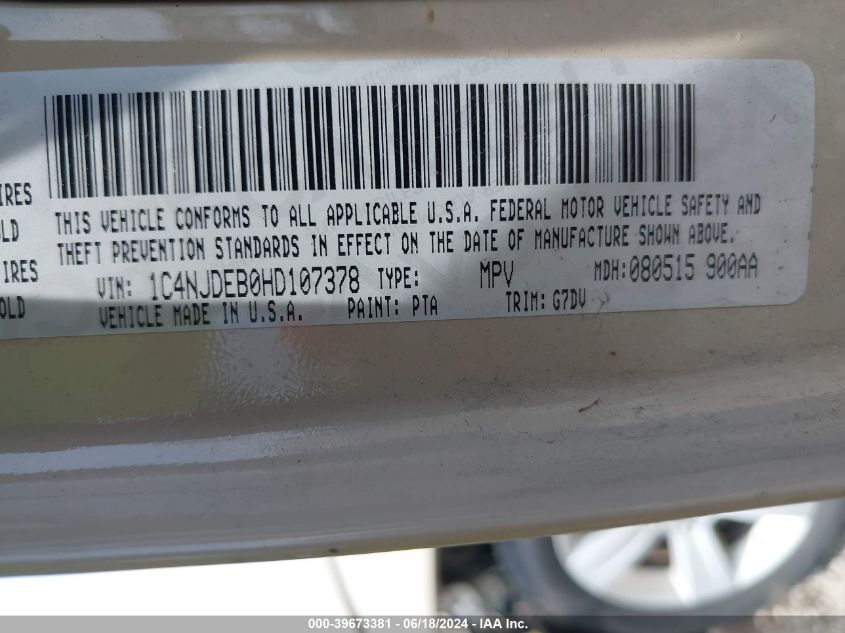 2017 Jeep Compass Latitude 4X4 VIN: 1C4NJDEB0HD107378 Lot: 39673381