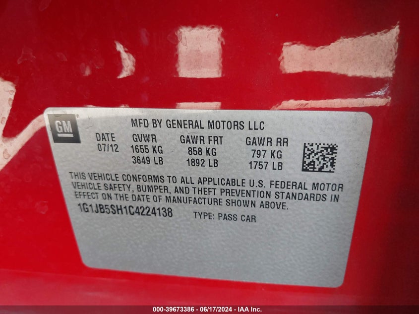 2012 Chevrolet Sonic 1Ls VIN: 1G1JB5SH1C4224138 Lot: 39673386