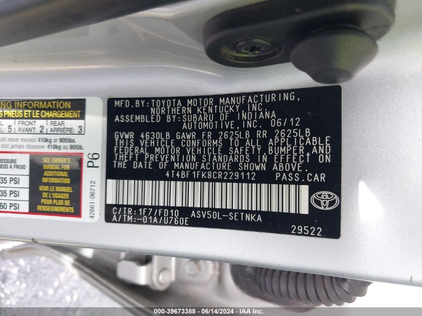 2012 Toyota Camry Le VIN: 4T4BF1FK8CR229112 Lot: 39673388