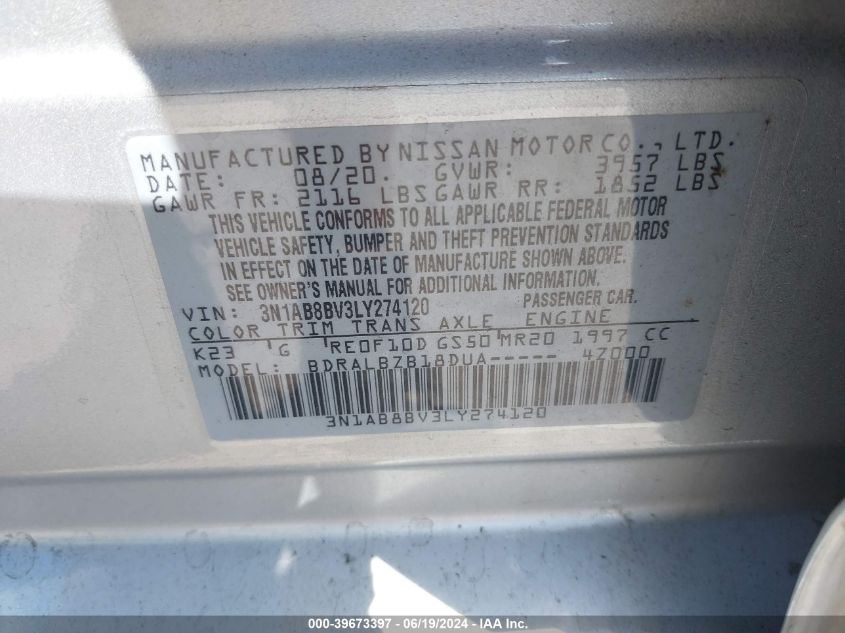 2020 Nissan Sentra S Xtronic Cvt VIN: 3N1AB8BV3LY274120 Lot: 39673397