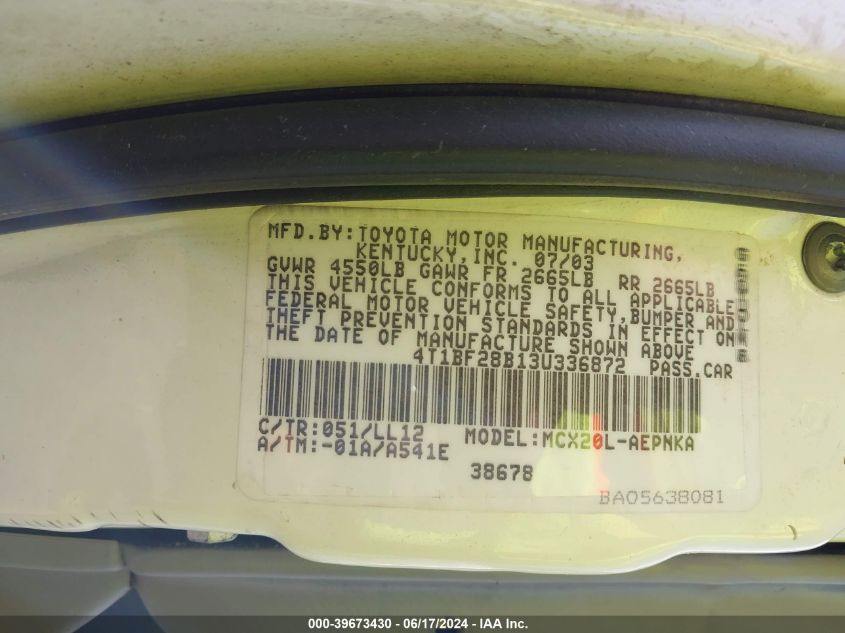 2003 Toyota Avalon Xl VIN: 4T1BF28B13U336872 Lot: 39673430