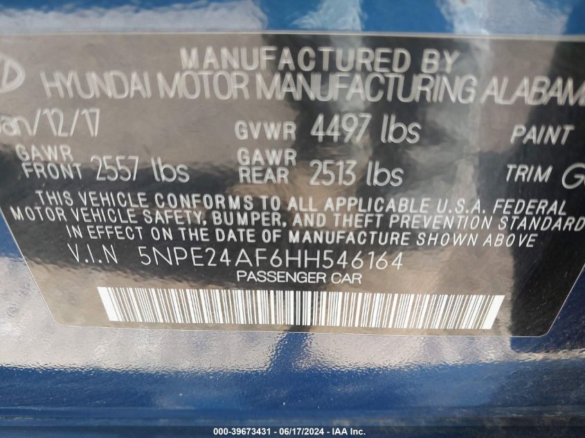 2017 HYUNDAI SONATA SE - 5NPE24AF6HH546164